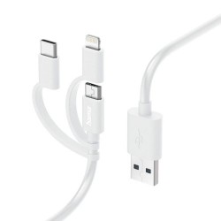 Hama 3-in-1 Multi Charging Cable - USB-A to USB-C/Micro USB/Lightning, Quick Charge, 1 Metre, White, MFI Certified