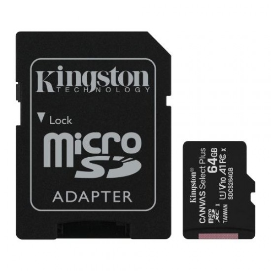 Kingston 64GB Canvas Select Plus MicroSDXC Card with SD Adapter, UHS-I Class 10,U1, A1 App Performance, 100MB/s Kingston 64GB Canvas Select Plus MicroSDXC Card with SD Adapter, UHS-I Class 10,U1, A1 App Performance, 100MB/s